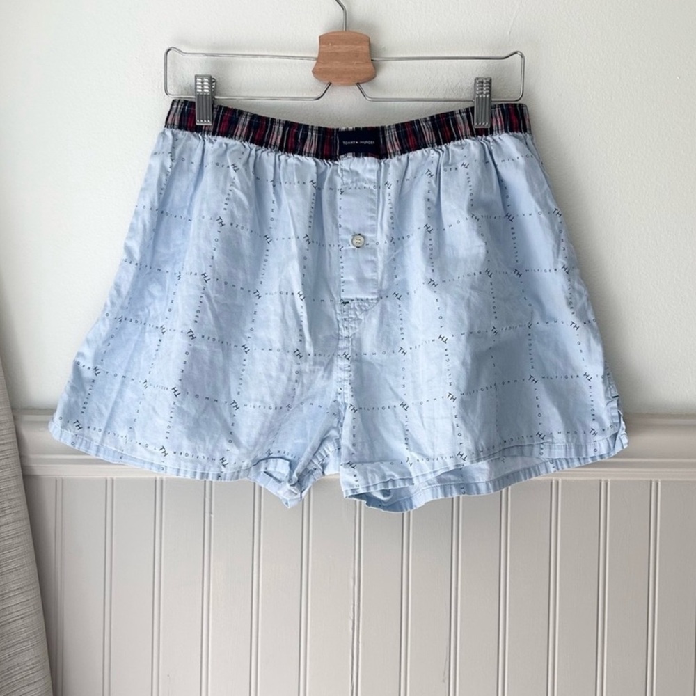 Tommy Hilfiger Light Blue Pajama Boxer Shorts with Plaid Waistband large